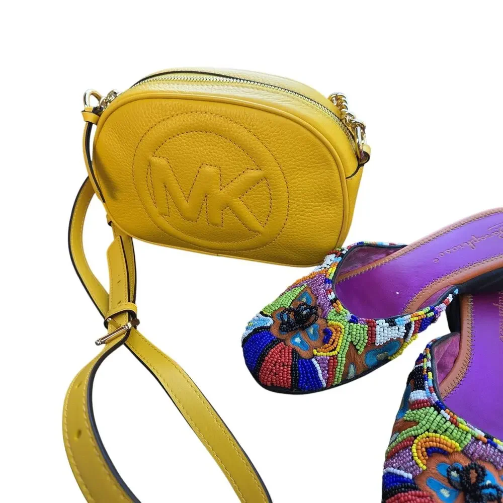 Michael Kors Yellow Crossbody Bag Brynn Pebbled Leather Chain Strap - Picture 7 of 12